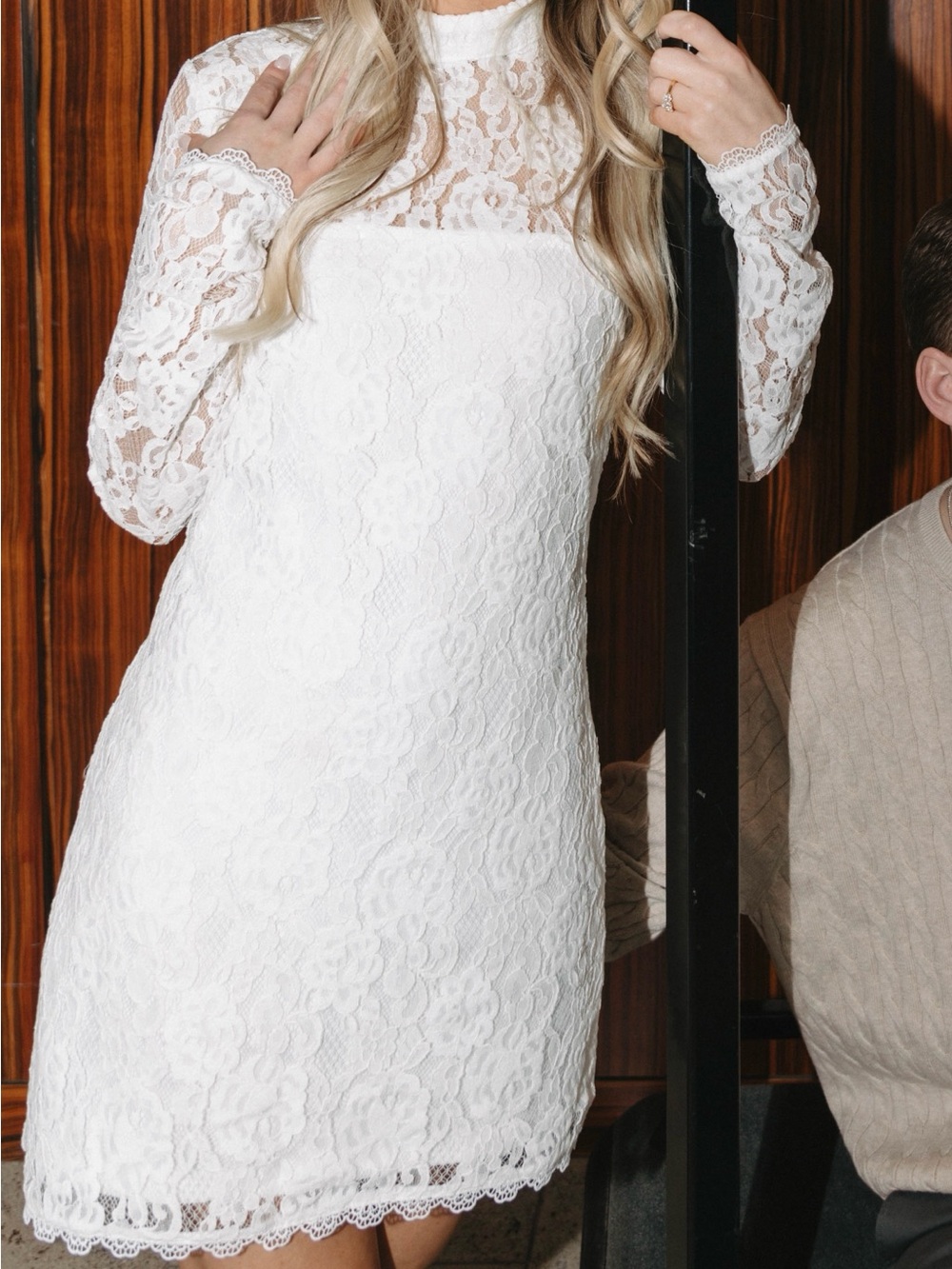 Lulu's White Lace Mini Dress with Sheer Long Sleeves